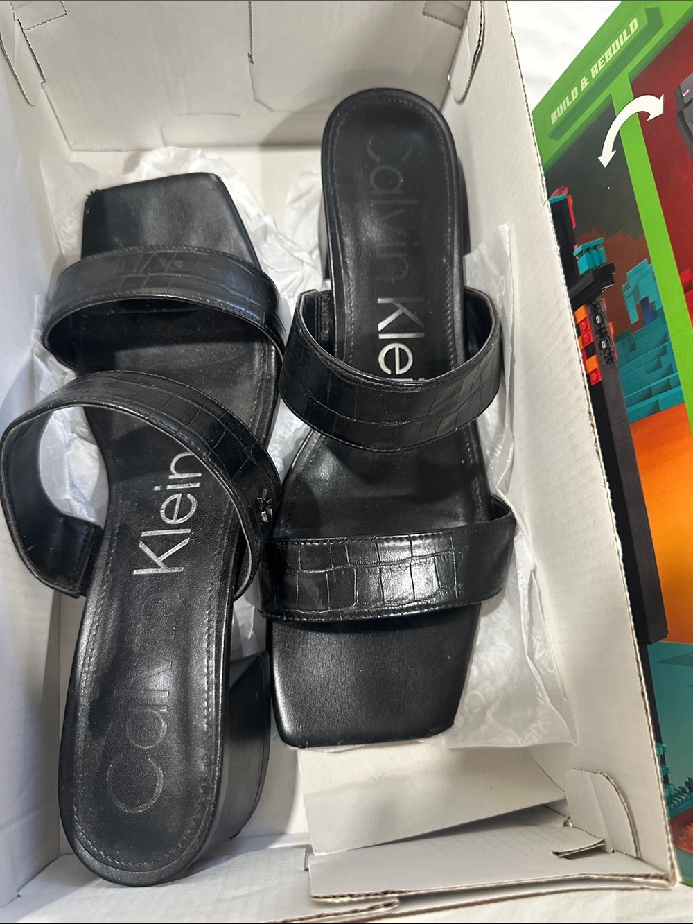 Calvin Klein Black Croc-Embossed Double-Strap Mules